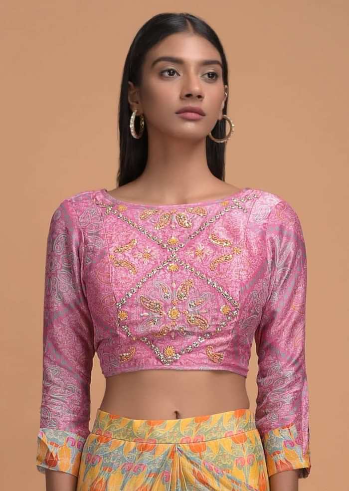 Yellow And Pink Ready Pleated Ruffle Saree In Crepe Enhanced With Floral And Paisley Print Online - Kalki Fashion