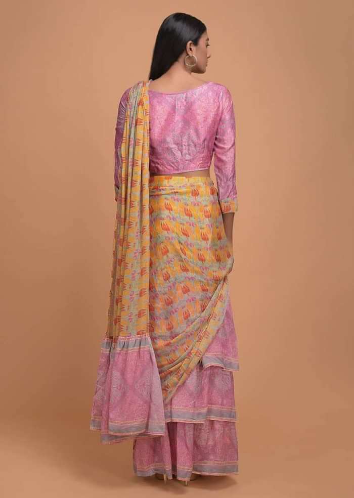 Yellow And Pink Ready Pleated Ruffle Saree In Crepe Enhanced With Floral And Paisley Print Online - Kalki Fashion