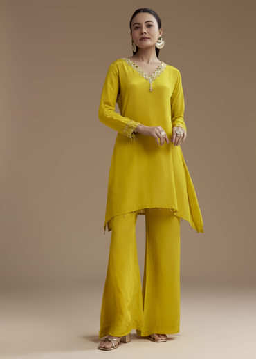 Yellow Asymmetric Kurta and Palazzo Set