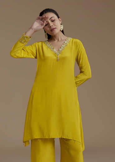 Yellow Asymmetric Kurta and Palazzo Set