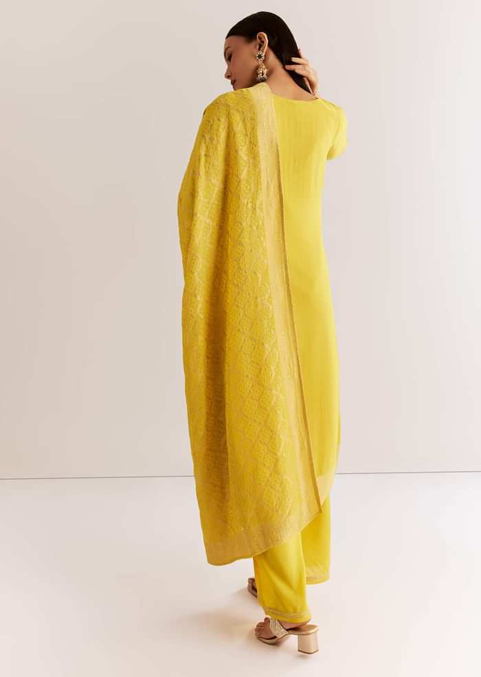 Yellow Banarasi Georgette Kurta Set With Zardosi And Cutdana Work