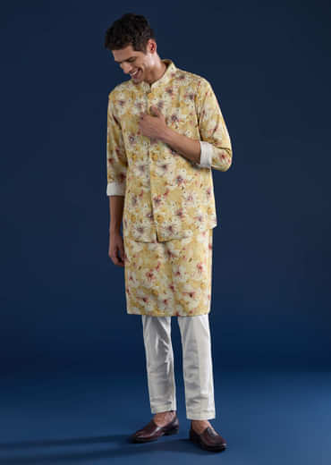 Yellow Banarasi Silk Jacket Kurta Set