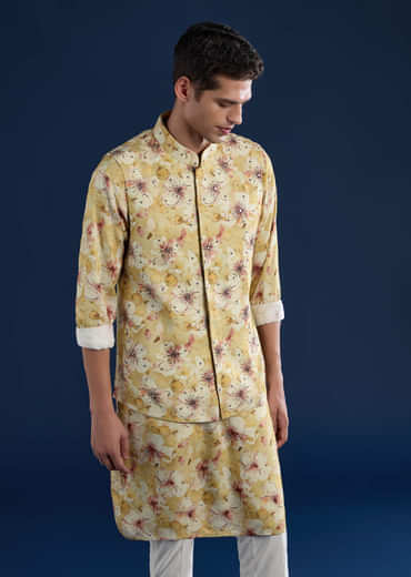 Yellow Banarasi Silk Jacket Kurta Set