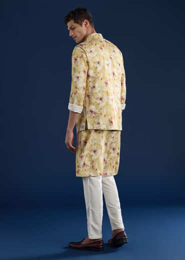 Yellow Banarasi Silk Jacket Kurta Set