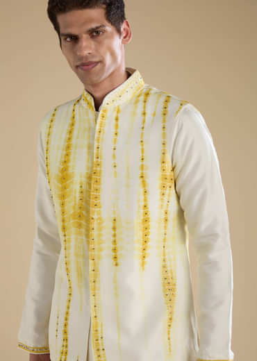 Yellow Banarasi Silk Jacket Kurta Set with Sequin Work