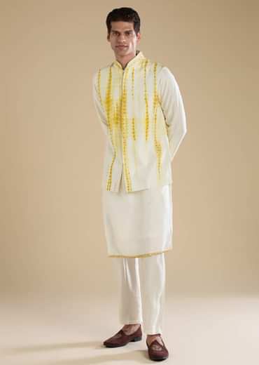 Yellow Banarasi Silk Jacket Kurta Set with Sequin Work