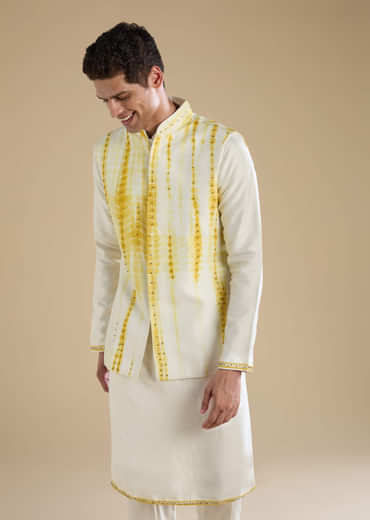 Yellow Banarasi Silk Jacket Kurta Set with Sequin Work