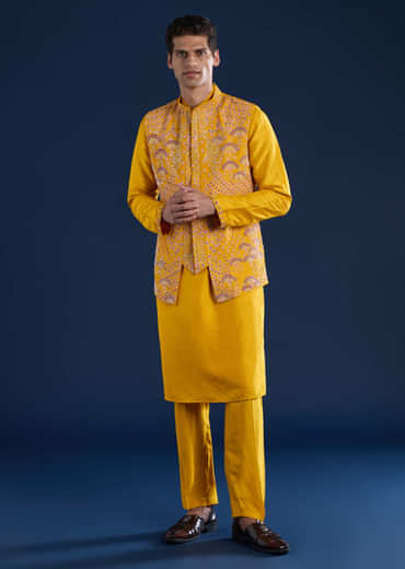 Yellow Banarasi Silk Jacket Kurta Set with Zardozi Work