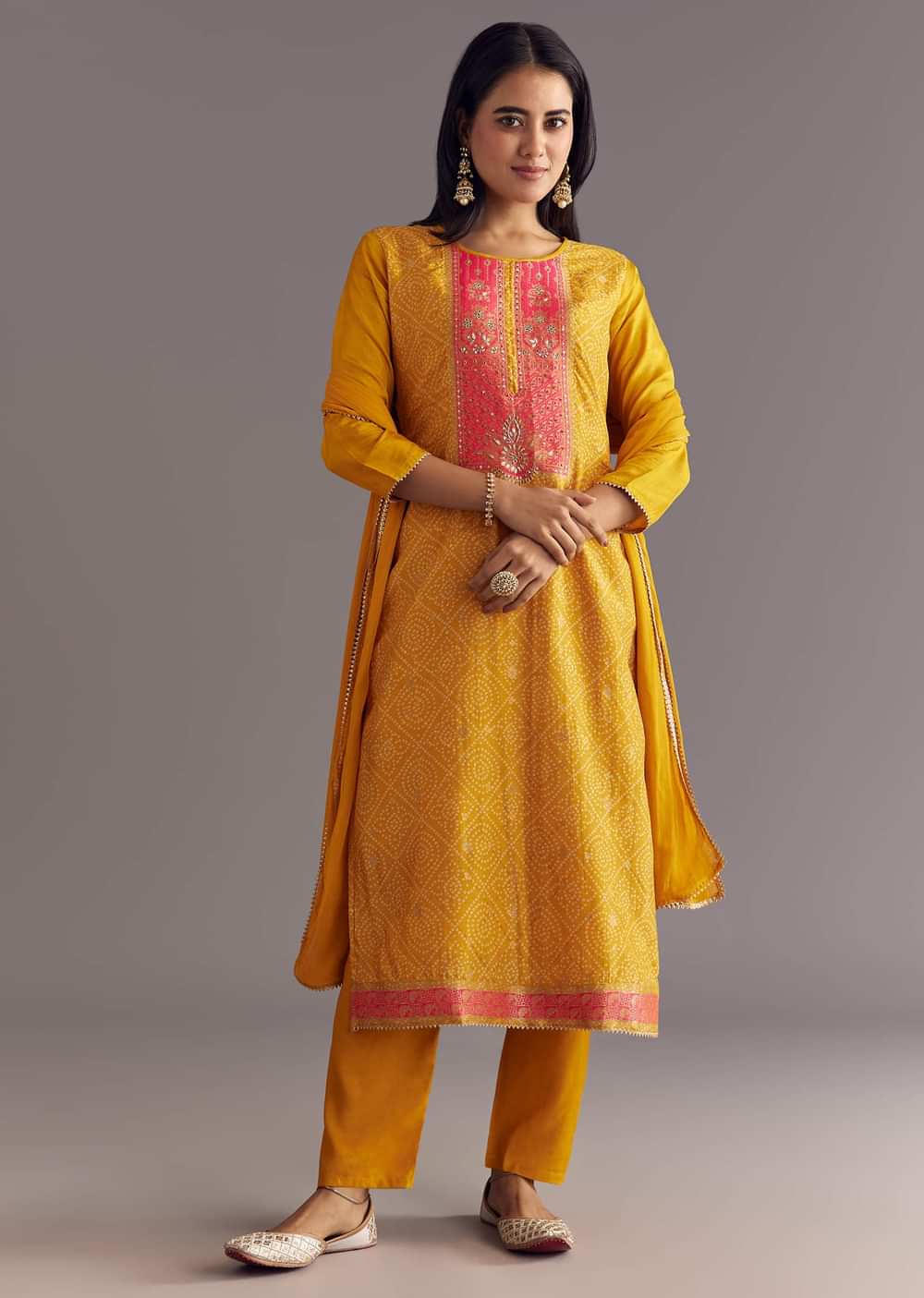Yellow Bandhani Print Dola Silk Zardosi Kurta Set With Dupatta