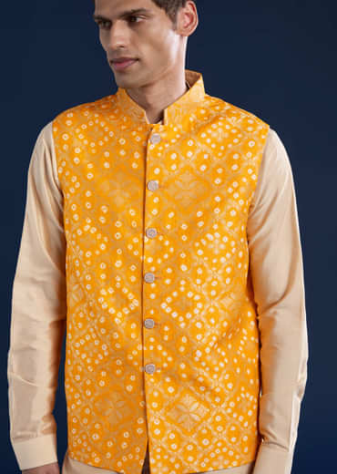 Yellow Bandhani Silk Jacket Kurta Set