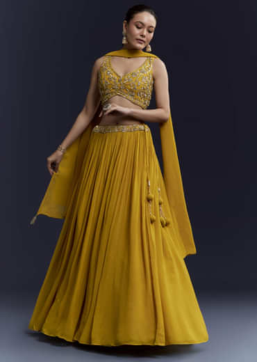 Yellow Bridesmaid Georgette Lehenga Set with Cutdana Embroidery