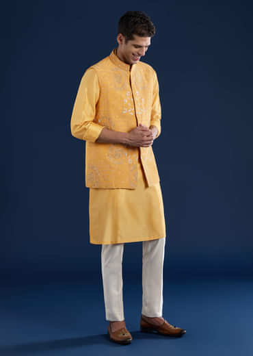 Yellow Chanderi Jacket Kurta Set with Dori Work