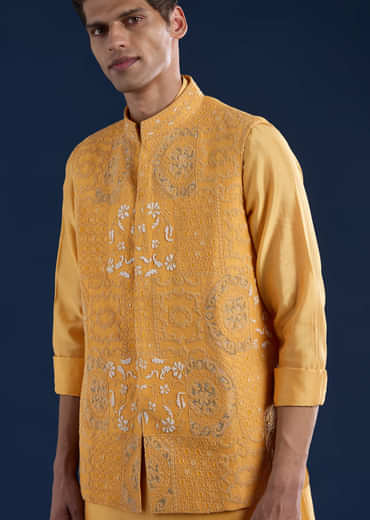 Yellow Chanderi Jacket Kurta Set with Dori Work