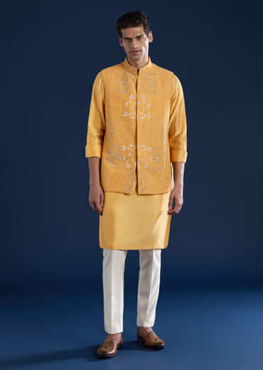 Yellow Chanderi Jacket Kurta Set with Dori Work