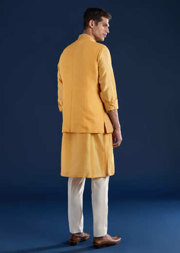 Yellow Chanderi Jacket Kurta Set with Dori Work