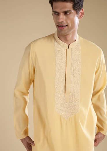 Yellow Chanderi Kashmiri Hand Work Straight Mens Kurta Set