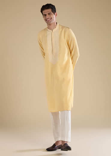 Yellow Chanderi Kashmiri Hand Work Straight Mens Kurta Set