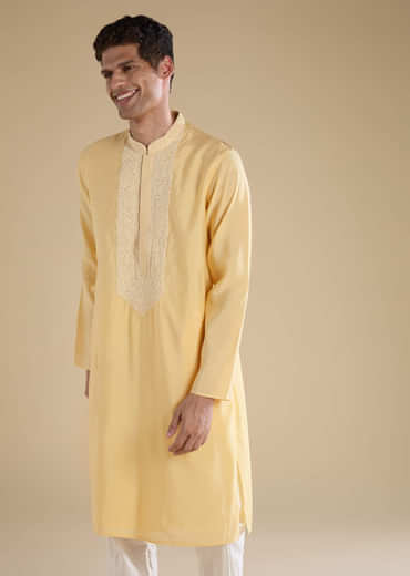 Yellow Chanderi Kashmiri Hand Work Straight Mens Kurta Set