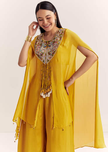 Yellow Chinon Cape Set With Zardosi Thread And Moti Work
