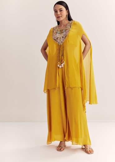 Yellow Chinon Cape Set With Zardosi Thread And Moti Work