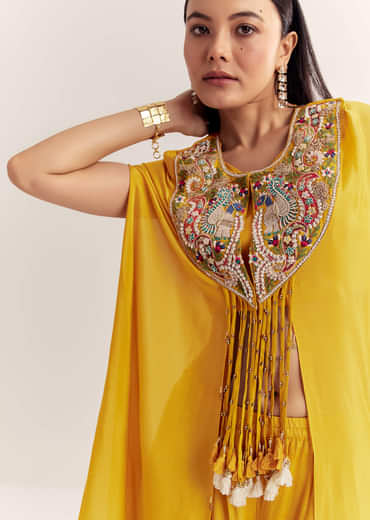 Yellow Chinon Cape Set With Zardosi Thread And Moti Work