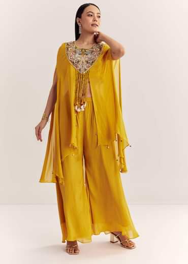 Yellow Chinon Cape Set With Zardosi Thread And Moti Work