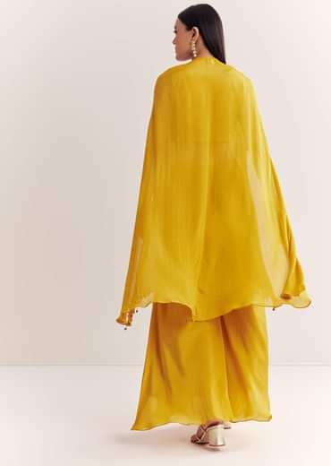 Yellow Chinon Cape Set With Zardosi Thread And Moti Work