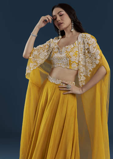 Yellow Chinon Crop Top Palazzo Set with Cape