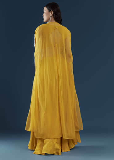 Yellow Chinon Crop Top Palazzo Set with Cape