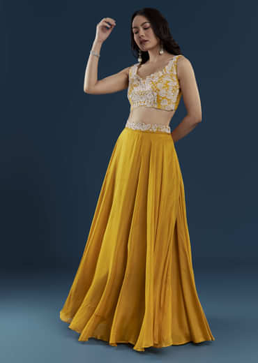 Yellow Chinon Crop Top Palazzo Set with Cape