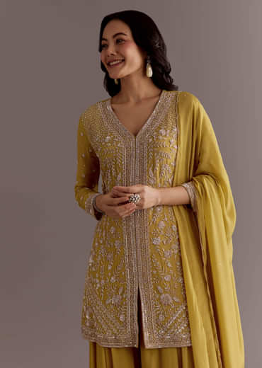 Yellow Chinon Embroidered Kurta Palazzo Suit With Dupatta