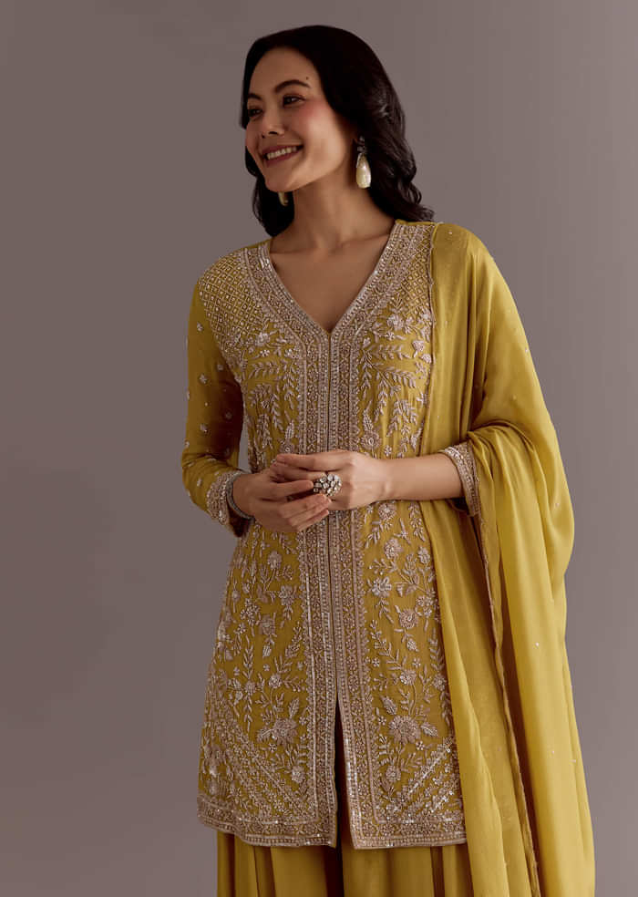 Yellow Chinon Embroidered Kurta Palazzo Suit With Dupatta