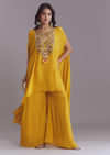 Yellow Chinon Kaftan Top And Palazzo Set With Embroidery