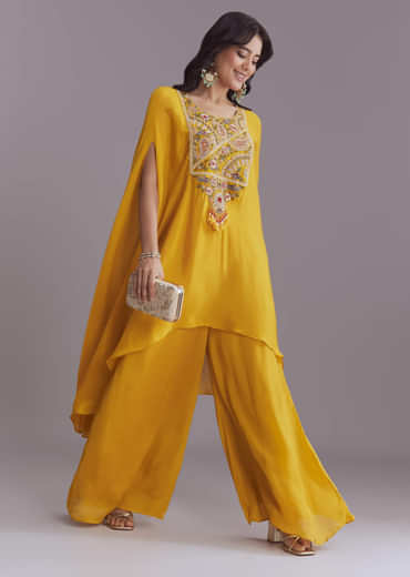 Yellow Chinon Kaftan Top And Palazzo Set With Embroidery