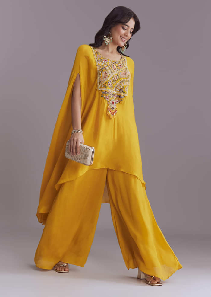 Yellow Chinon Kaftan Top And Palazzo Set With Embroidery