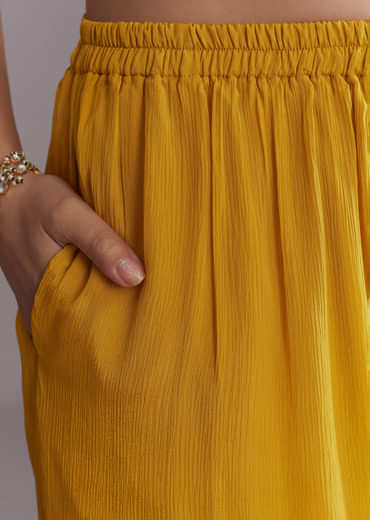 Yellow Chinon Kaftan Top And Palazzo Set With Embroidery