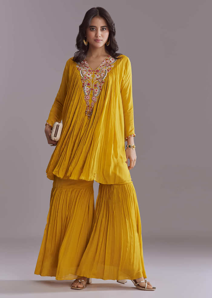 Yellow Chinon Sharara Suit With Embroidery