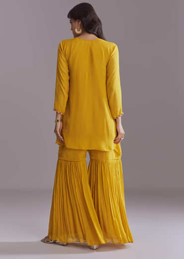 Yellow Chinon Sharara Suit With Embroidery