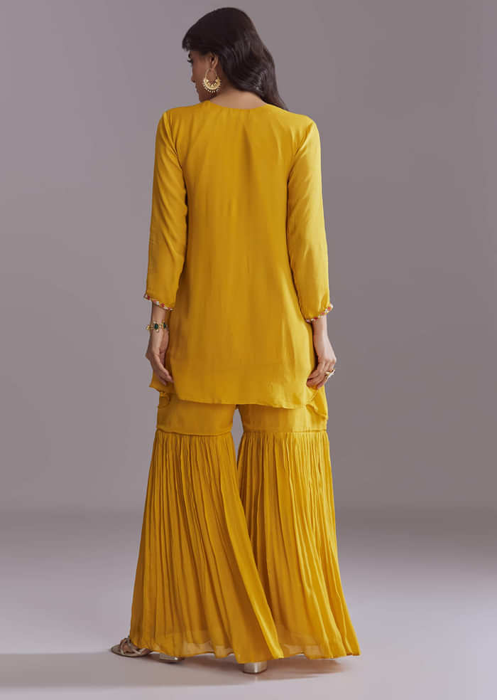 Yellow Chinon Sharara Suit With Embroidery