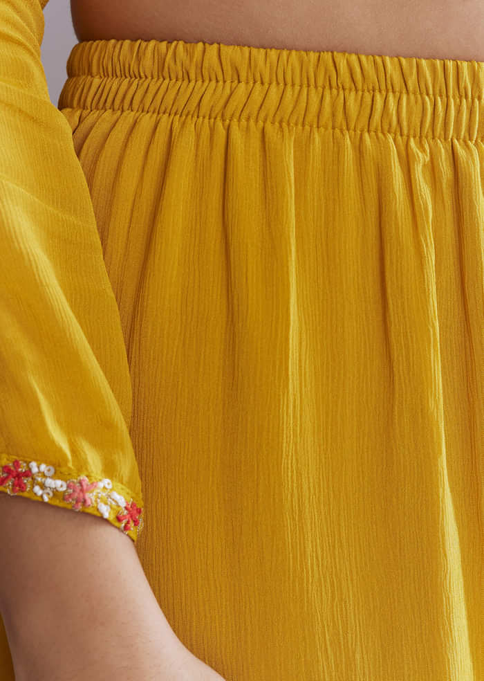 Yellow Chinon Sharara Suit With Embroidery