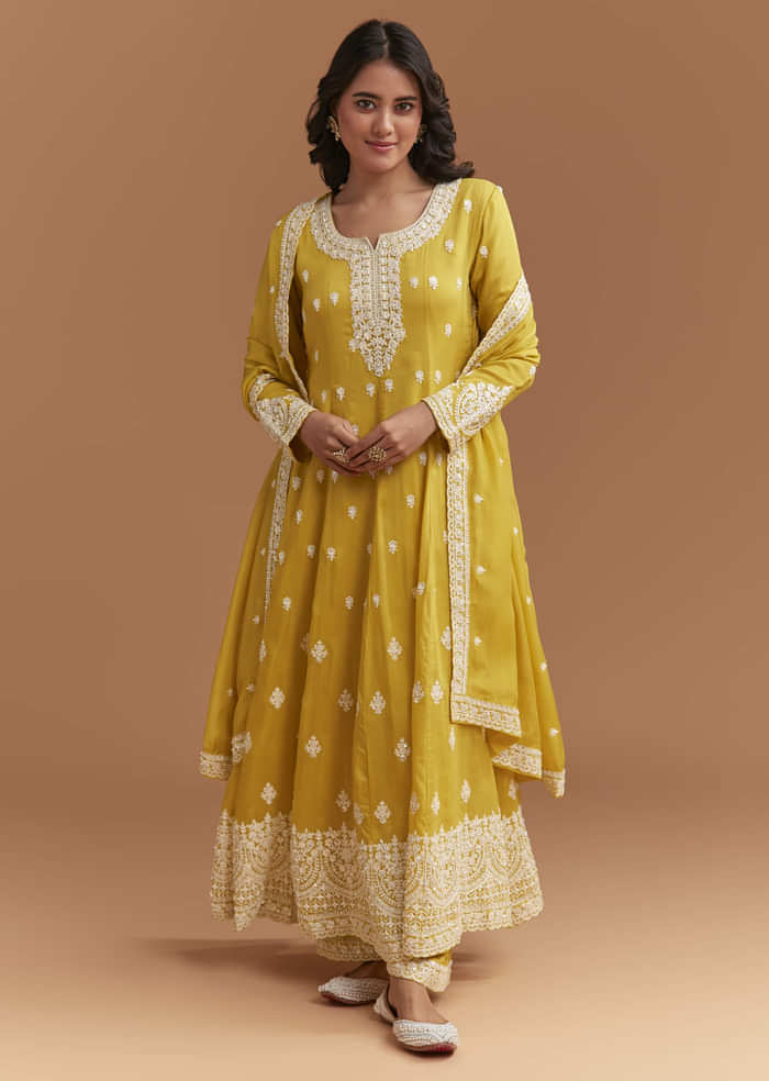 Yellow Cotton Anarkali Suit With Delicate Resham Work