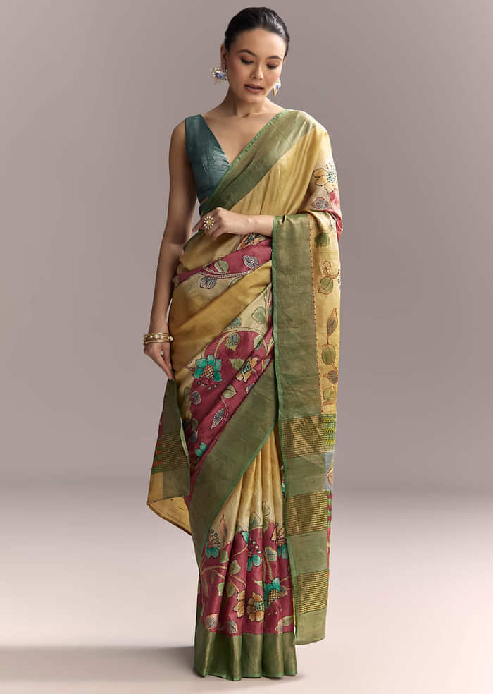 Yellow Cotton Saree With Hand Painted Motifs And Green Border
