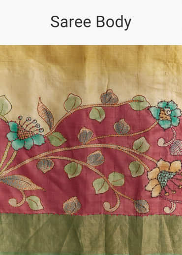 Yellow Cotton Saree With Hand Painted Motifs And Green Border
