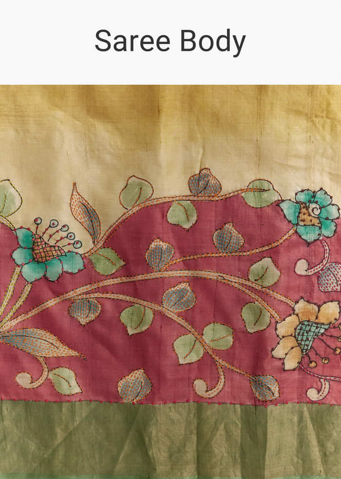 Yellow Cotton Saree With Hand Painted Motifs And Green Border
