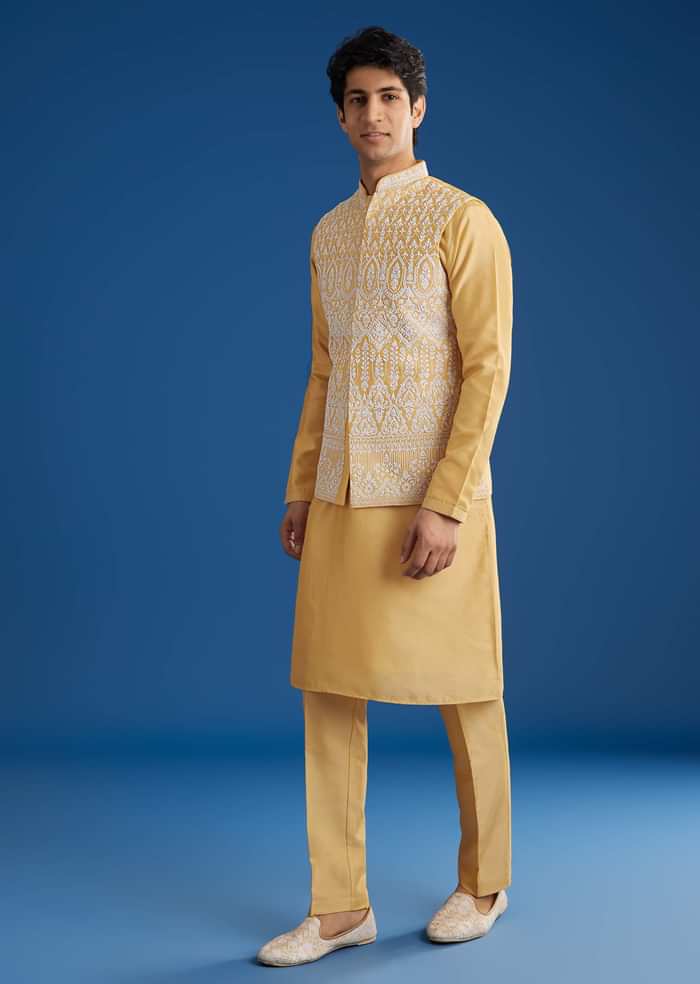 Yellow Cotton Silk Jacket Kurta Set With Threadwork