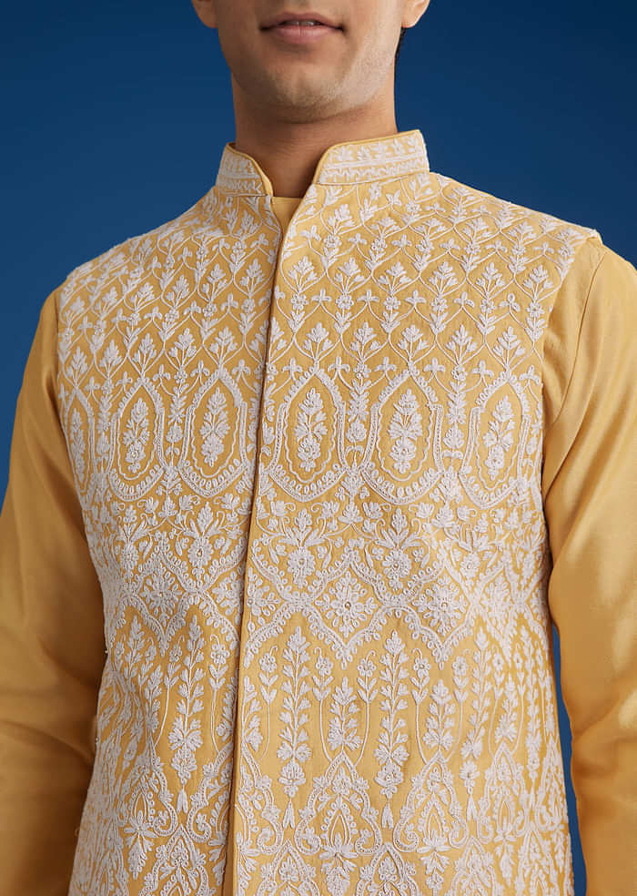 Yellow Cotton Silk Jacket Kurta Set With Threadwork