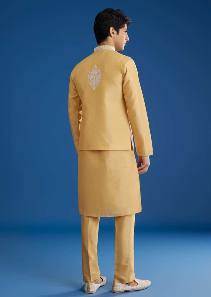 Yellow Cotton Silk Jacket Kurta Set With Threadwork