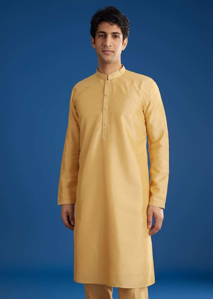 Yellow Cotton Silk Jacket Kurta Set With Threadwork