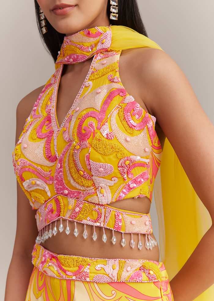 Yellow Crepe Abstract Printed Embroidered Palazzo Set