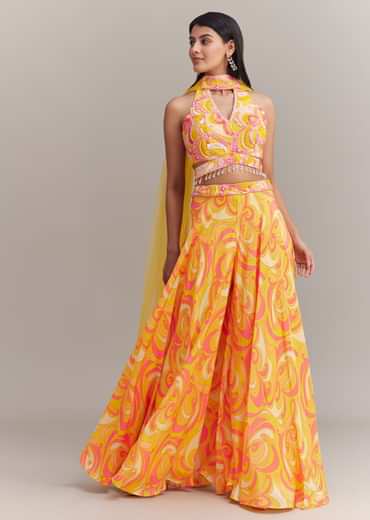 Yellow Crepe Abstract Printed Embroidered Palazzo Set